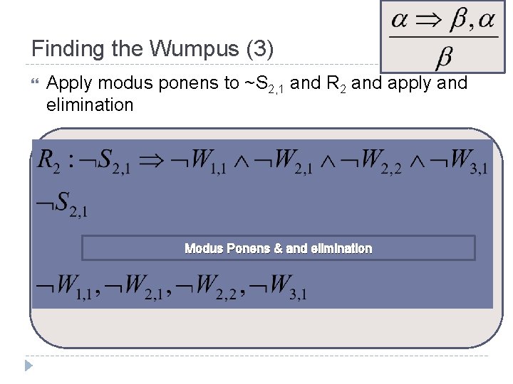 Finding the Wumpus (3) Apply modus ponens to ~S 2, 1 and R 2