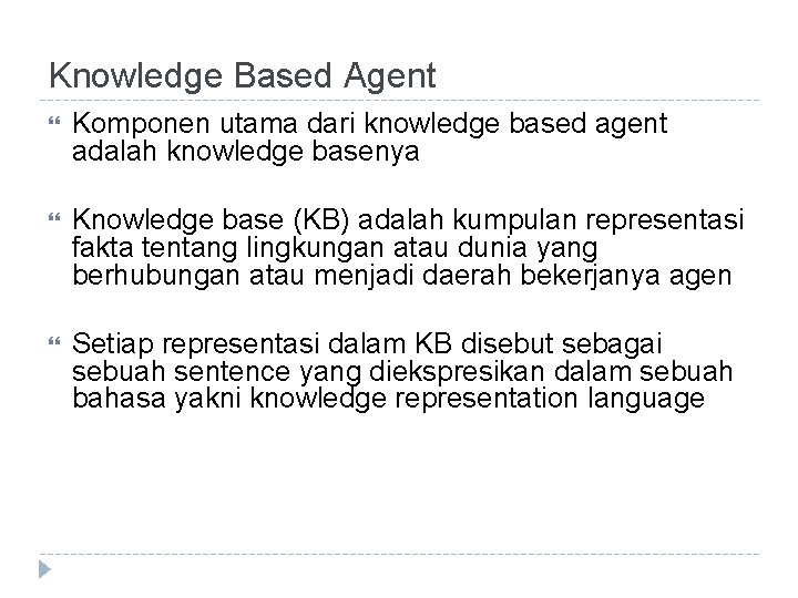 Knowledge Based Agent Komponen utama dari knowledge based agent adalah knowledge basenya Knowledge base