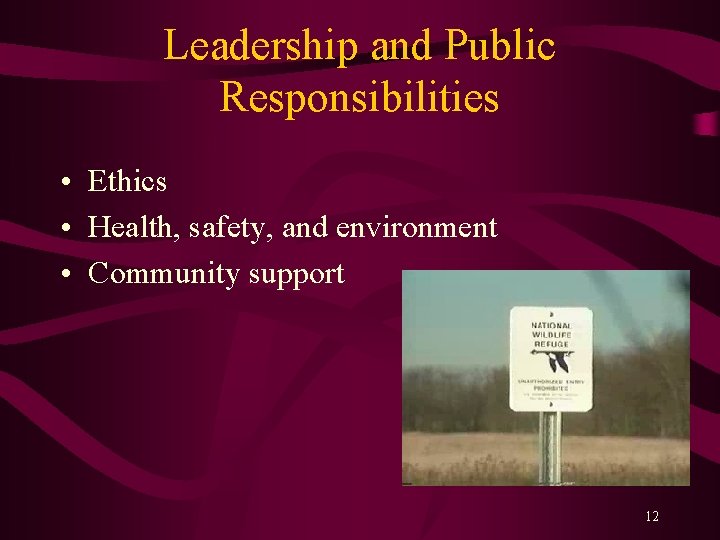 Leadership and Public Responsibilities • Ethics • Health, safety, and environment • Community support