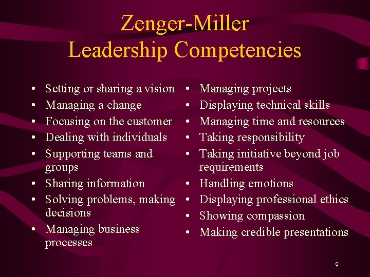 Zenger-Miller Leadership Competencies • • • Setting or sharing a vision Managing a change