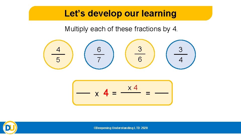 Let’s develop our learning Multiply each of these fractions by 4. 4 5 3