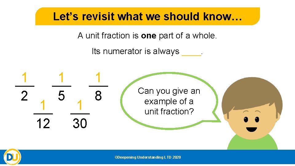 Let’s revisit what we should know… A unit fraction is one part of a