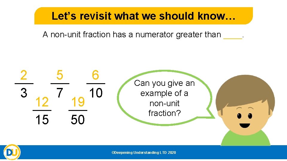 Let’s revisit what we should know… A non-unit fraction has a numerator greater than