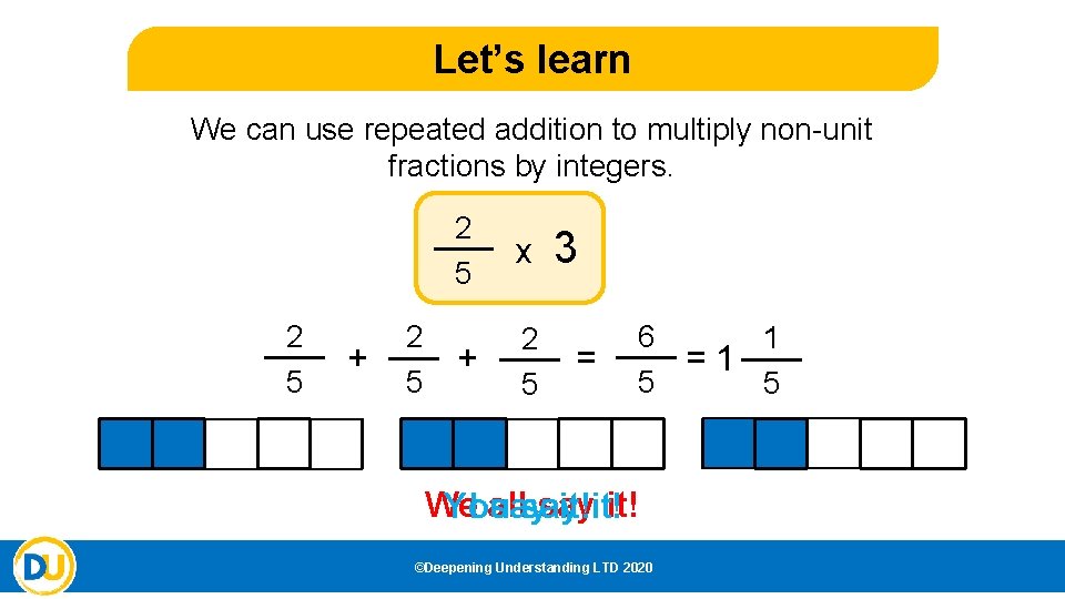 Let’s learn We can use repeated addition to multiply non-unit fractions by integers. 2
