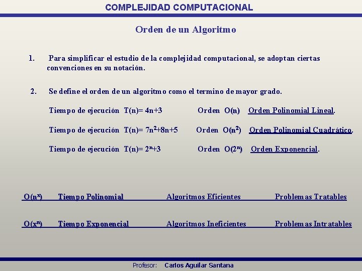 COMPLEJIDAD COMPUTACIONAL Orden de un Algoritmo 1. Para simplificar el estudio de la complejidad