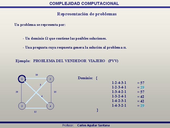 COMPLEJIDAD COMPUTACIONAL Representación de problemas Un problema se representa por: - Un dominio Ω