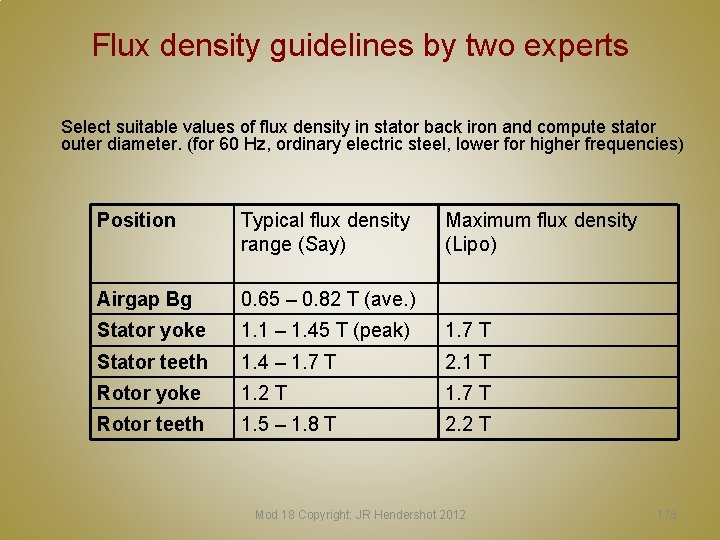 Flux density guidelines by two experts Select suitable values of flux density in stator