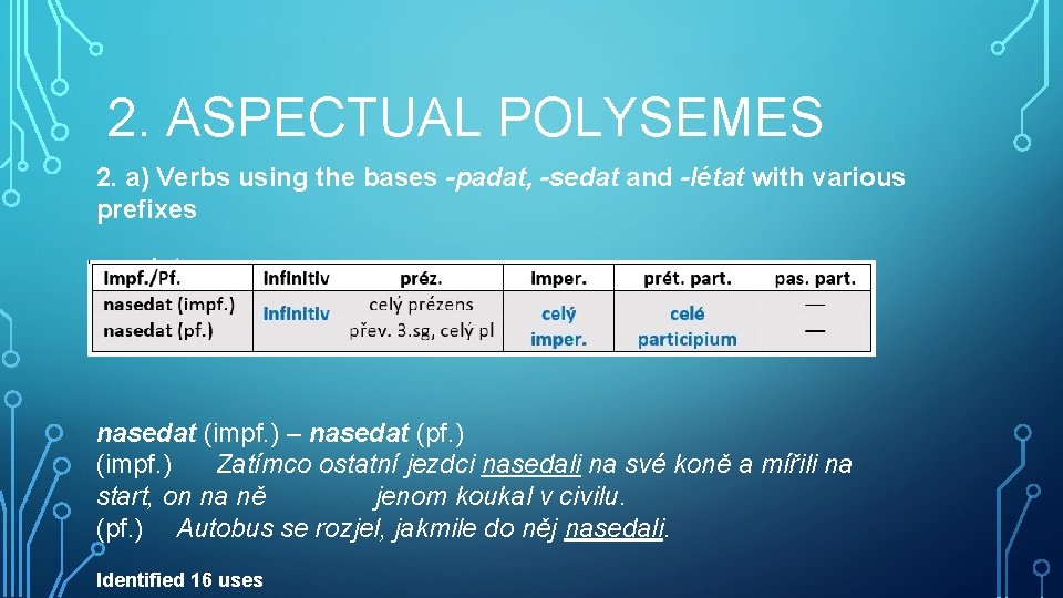 2. ASPECTUAL POLYSEMES 2. a) Verbs using the bases -padat, -sedat and -létat with
