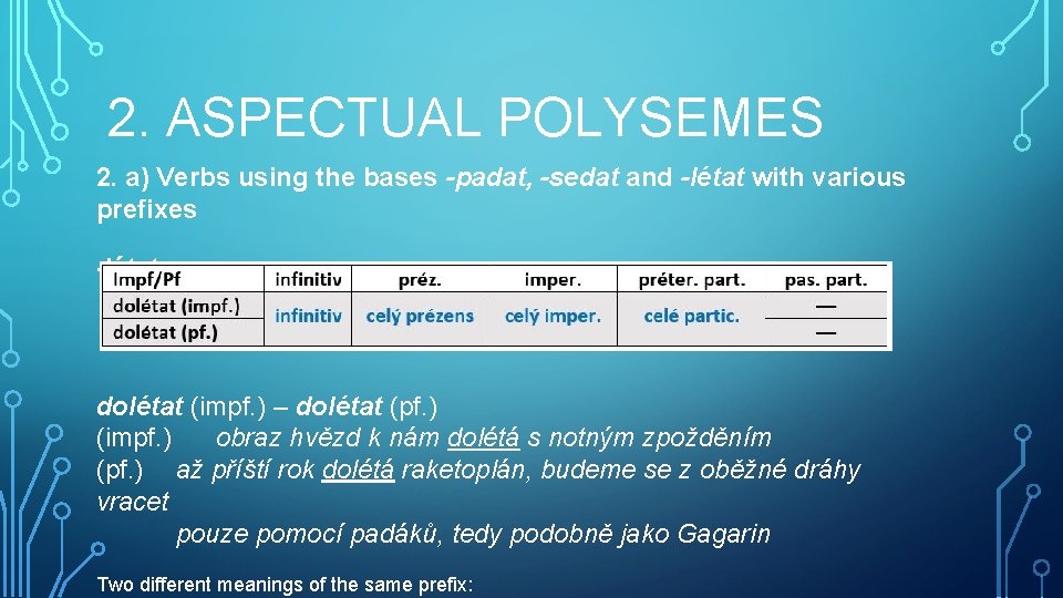 2. ASPECTUAL POLYSEMES 2. a) Verbs using the bases -padat, -sedat and -létat with