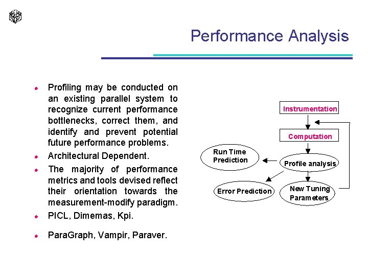 Performance Analysis l Profiling may be conducted on an existing parallel system to recognize