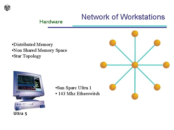 Hardware Network of Workstations • Distributed Memory • Non Shared Memory Space • Star