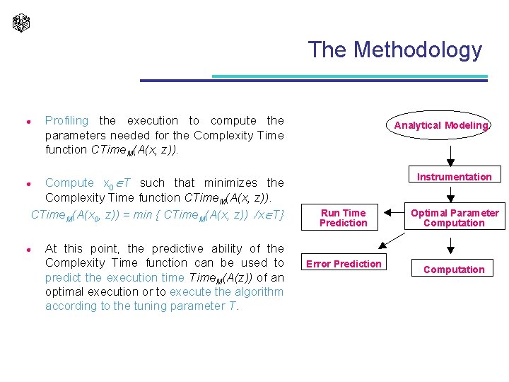 The Methodology l Profiling the execution to compute the parameters needed for the Complexity