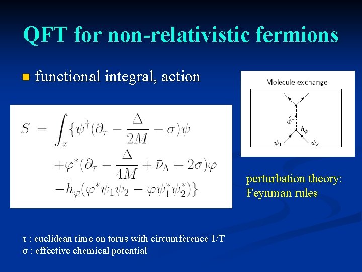 QFT for non-relativistic fermions n functional integral, action perturbation theory: Feynman rules τ :