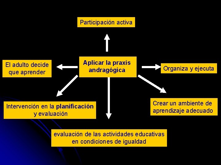 Participación activa El adulto decide que aprender Aplicar la praxis andragógica Intervención en la