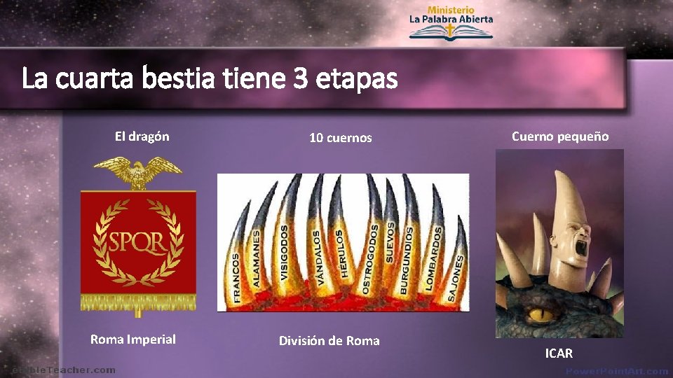 La cuarta bestia tiene 3 etapas El dragón Roma Imperial 10 cuernos División de