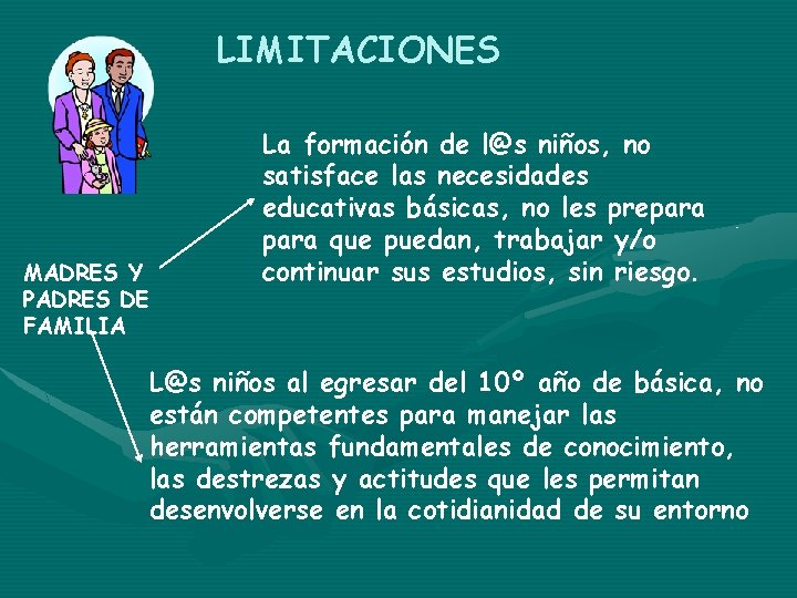 LIMITACIONES MADRES Y PADRES DE FAMILIA La formación de l@s niños, no satisface las