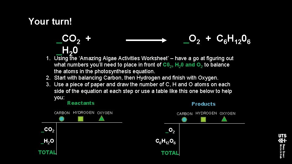 Your turn! _CO 2 + _H 20 _O 2 + C 6 H 1206