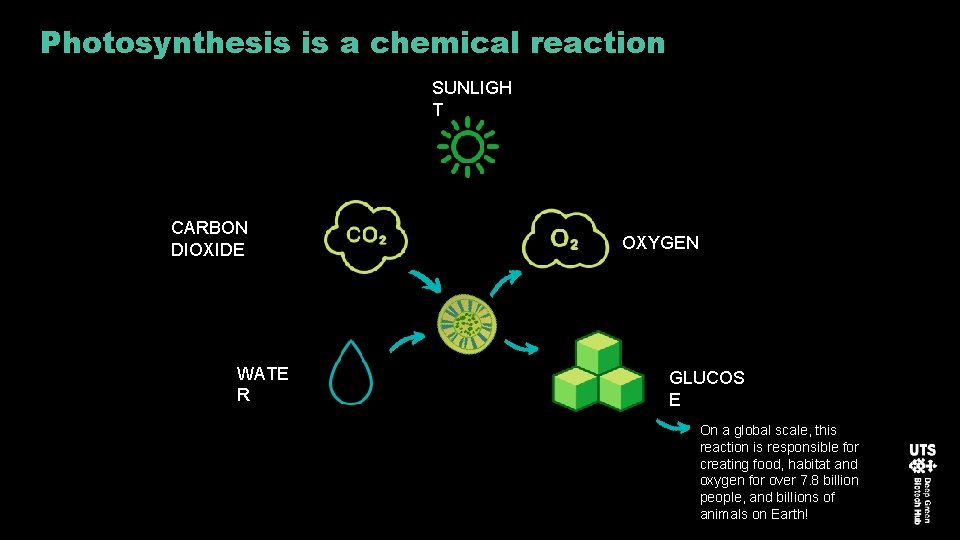 Photosynthesis is a chemical reaction SUNLIGH T CARBON DIOXIDE WATE R OXYGEN GLUCOS E