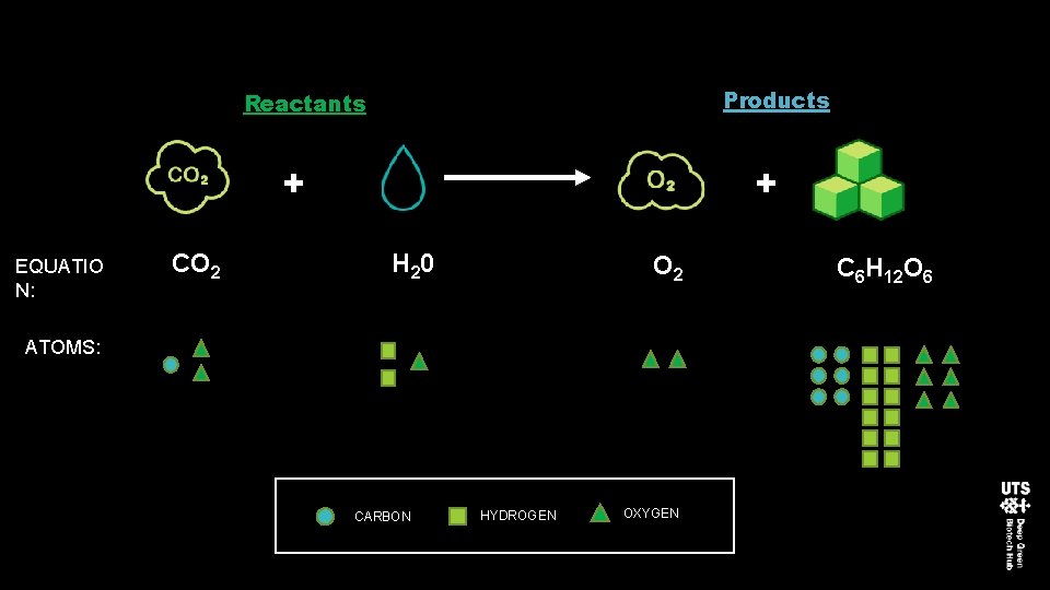 Products Reactants + EQUATIO N: CO 2 + H 20 O 2 ATOMS: CARBON