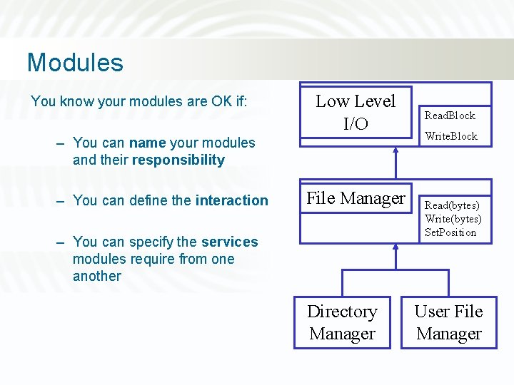 Modules You know your modules are OK if: Low Level I/O – You can