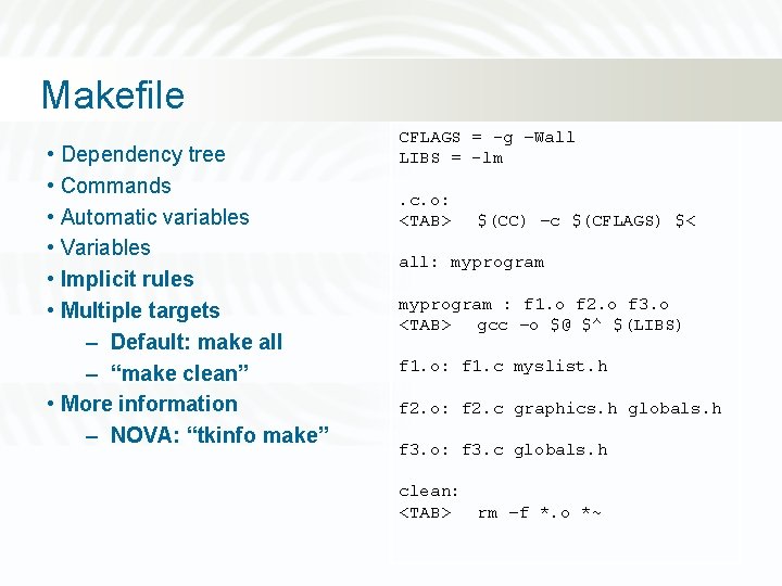 Makefile • Dependency tree • Commands • Automatic variables • Variables • Implicit rules