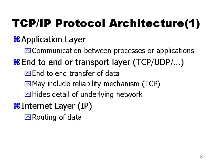 TCP/IP Protocol Architecture(1) z Application Layer y. Communication between processes or applications z End