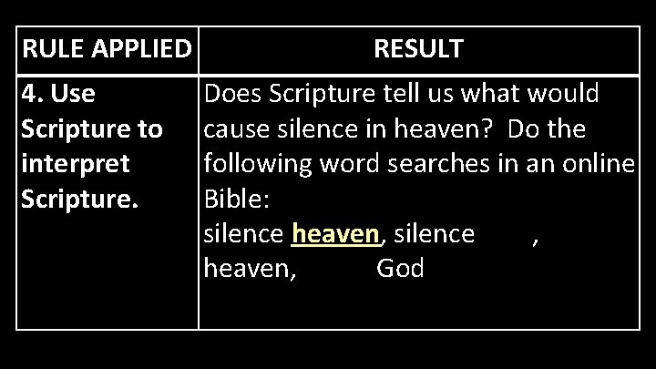 RULE APPLIED 4. Use Scripture to interpret Scripture. RESULT Does Scripture tell us what
