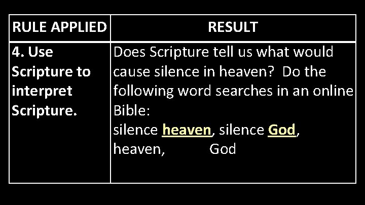 RULE APPLIED 4. Use Scripture to interpret Scripture. RESULT Does Scripture tell us what