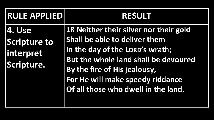 RULE APPLIED 4. Use Scripture to interpret Scripture. RESULT 18 Neither their silver nor