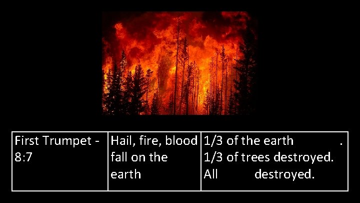 First Trumpet - Hail, fire, blood 1/3 of the earth burned. 8: 7 fall