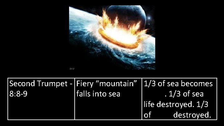 Second Trumpet - Fiery “mountain” 1/3 of sea becomes 8: 8 -9 falls into