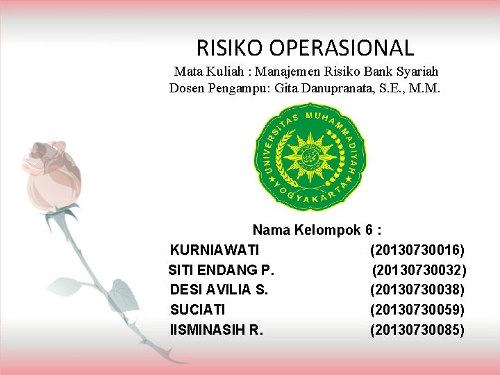 RISIKO OPERASIONAL Mata Kuliah : Manajemen Risiko Bank Syariah Dosen Pengampu: Gita Danupranata, S.