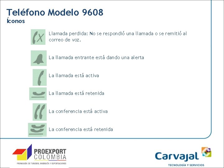 Teléfono Modelo 9608 Íconos Llamada perdida: No se respondió una llamada o se remitió