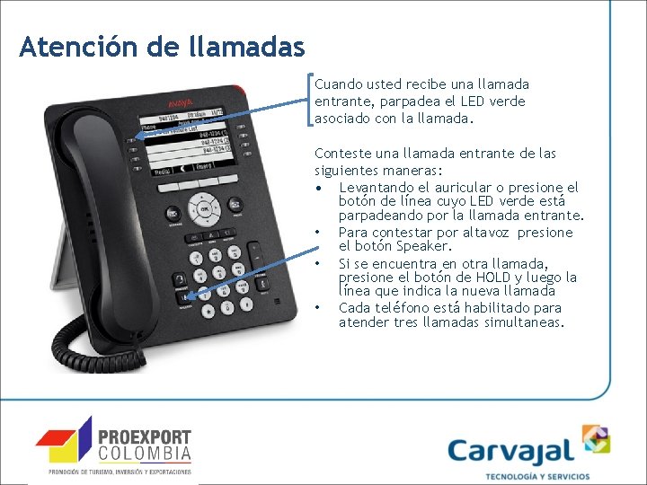 Atención de llamadas Cuando usted recibe una llamada entrante, parpadea el LED verde asociado