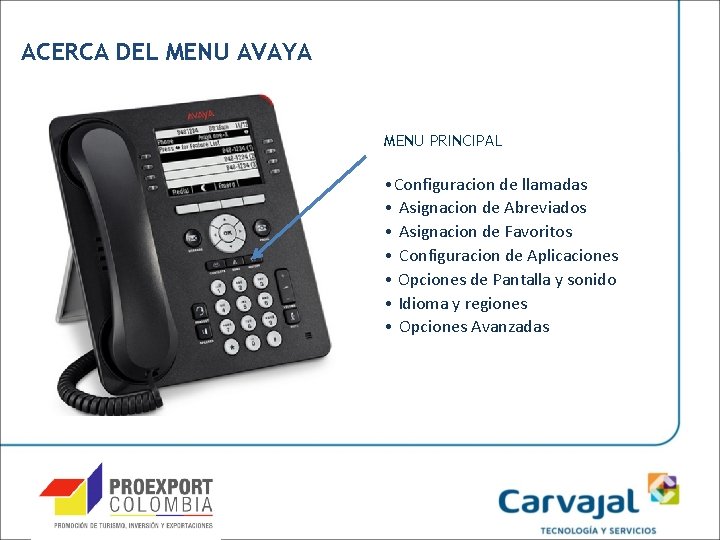 ACERCA DEL MENU AVAYA MENU PRINCIPAL • Configuracion de llamadas • Asignacion de Abreviados