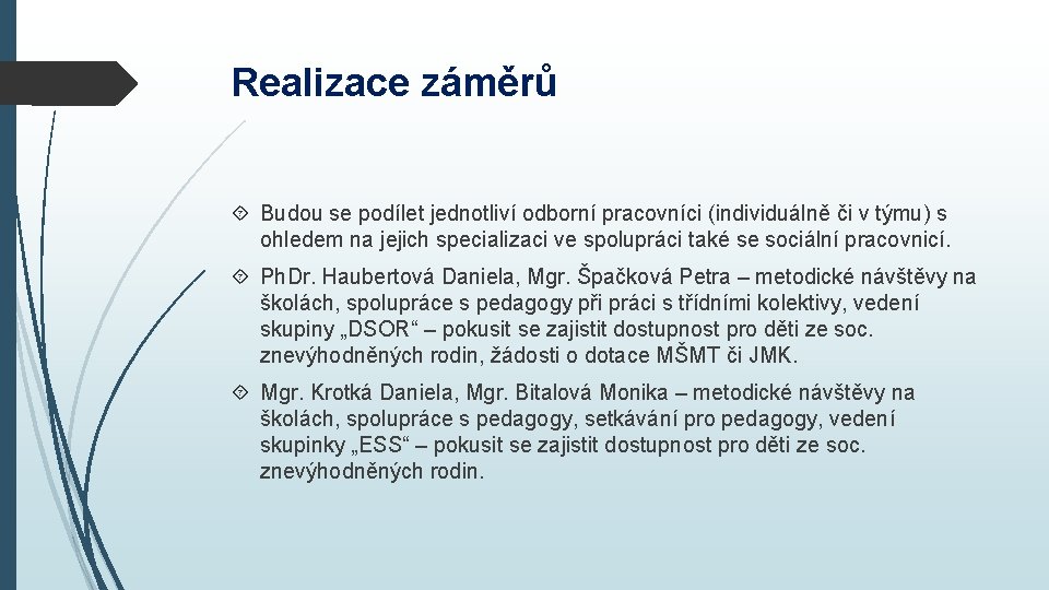 Realizace záměrů Budou se podílet jednotliví odborní pracovníci (individuálně či v týmu) s ohledem