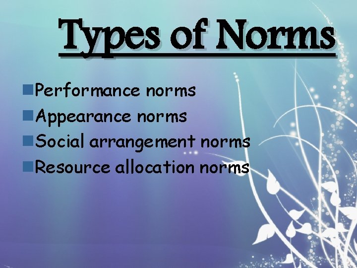 Types of Norms n. Performance norms n. Appearance norms n. Social arrangement norms n.