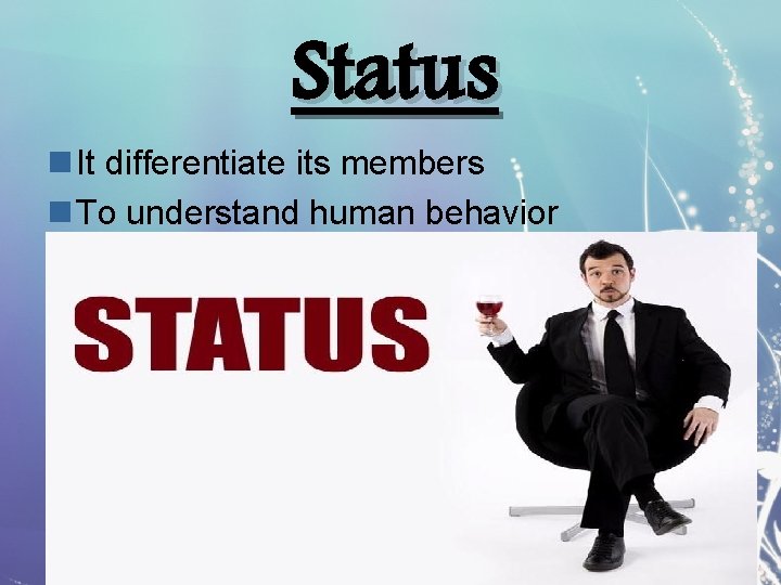 Status n It differentiate its members n To understand human behavior 