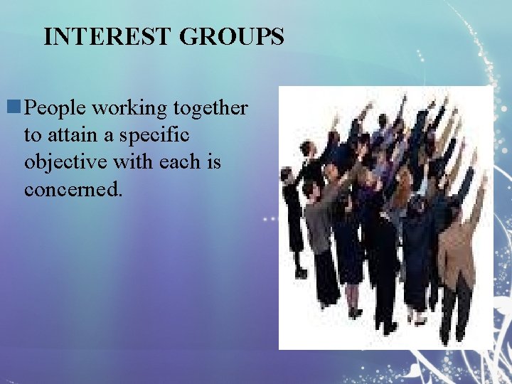 INTEREST GROUPS n People working together to attain a specific objective with each is