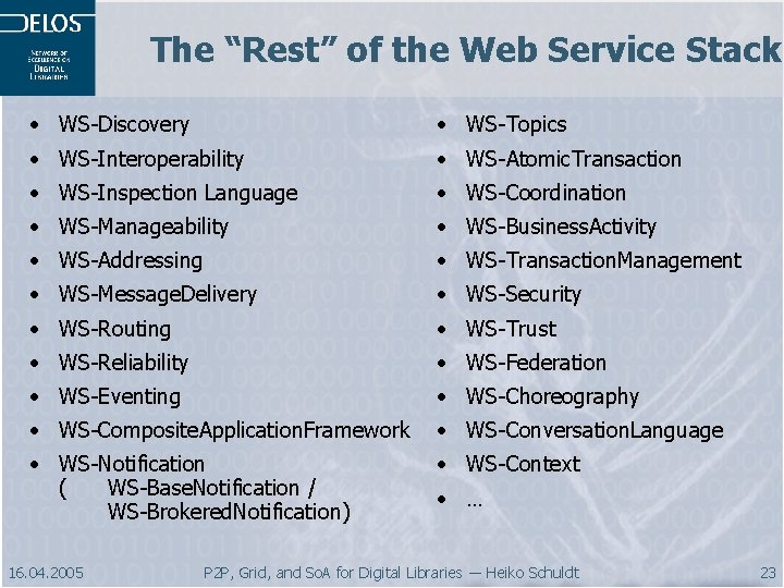 The “Rest” of the Web Service Stack • WS-Discovery • WS-Topics • WS-Interoperability •