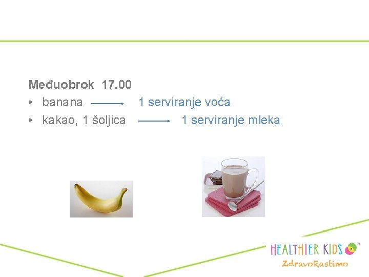 Međuobrok 17. 00 • banana 1 serviranje voća • kakao, 1 šoljica 1 serviranje