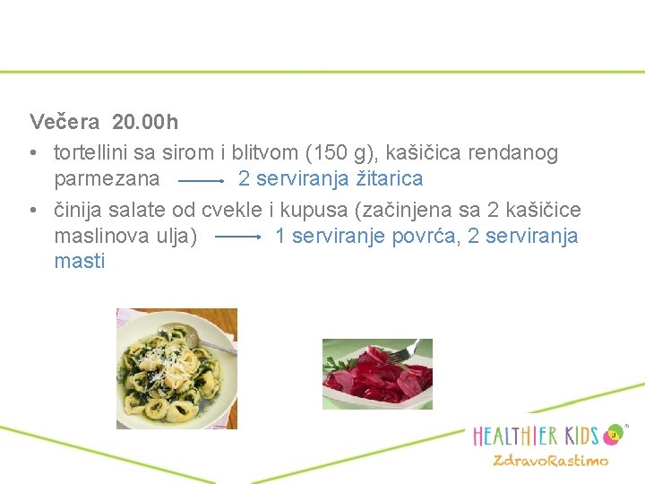 Večera 20. 00 h • tortellini sa sirom i blitvom (150 g), kašičica rendanog