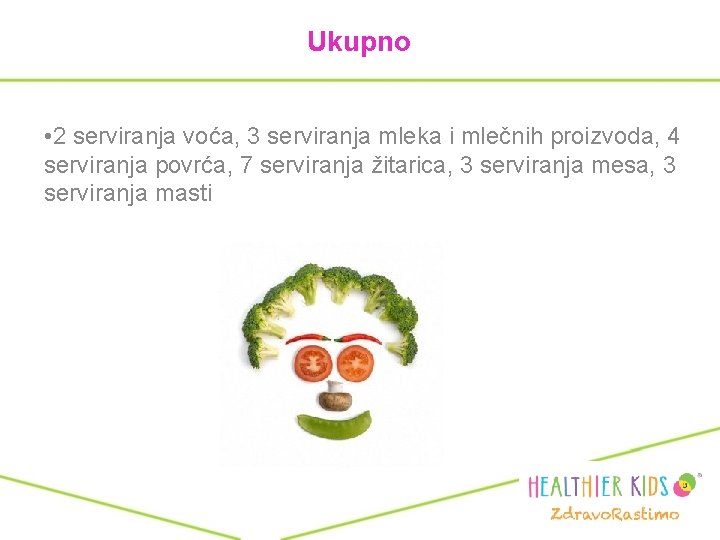 Ukupno • 2 serviranja voća, 3 serviranja mleka i mlečnih proizvoda, 4 serviranja povrća,