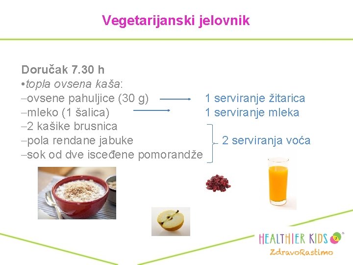 Vegetarijanski jelovnik Doručak 7. 30 h • topla ovsena kaša: –ovsene pahuljice (30 g)