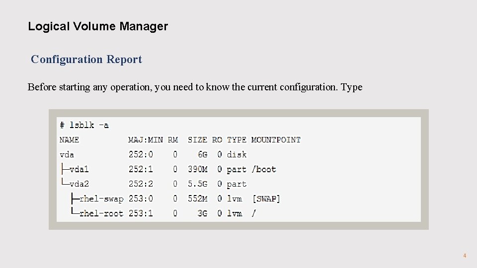 Logical Volume Manager Configuration Report Before starting any operation, you need to know the