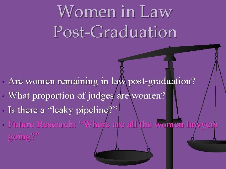 Women in Law Post-Graduation • • Are women remaining in law post-graduation? What proportion