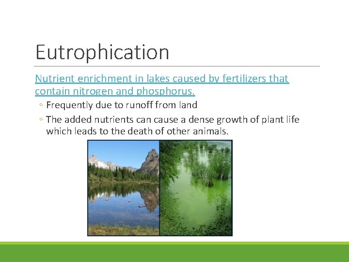 Eutrophication Nutrient enrichment in lakes caused by fertilizers that contain nitrogen and phosphorus. ◦