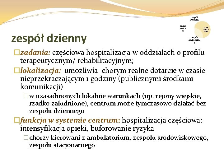 zespół szpitalny zespół dzien ny zespół ambulat oryjny zespół środowiskow y �zadania: częściowa hospitalizacja