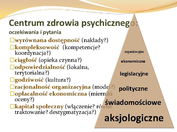 Centrum zdrowia psychicznego: oczekiwania i pytania �wyrównana dostępność (nakłady? ) �kompleksowość (kompetencje? organizacyjne koordynacja?