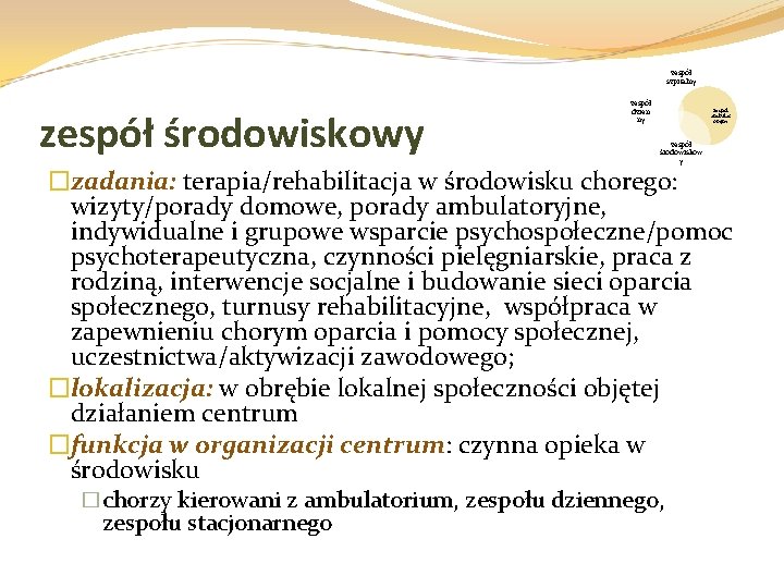 zespół szpitalny zespół środowiskowy zespół dzien ny zespół ambulat oryjny zespół środowiskow y �zadania: